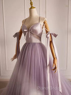 A-Line V Neck Tulle Beads Purple Long Formal Prom Dresses, Purple Long Formal Dresses