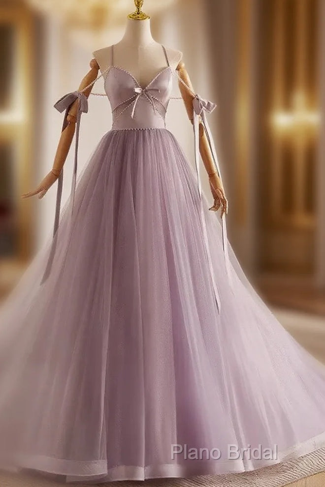 A-Line V Neck Tulle Beads Purple Long Formal Prom Dresses, Purple Long Formal Dresses Main image