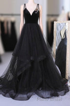 A Line V Neck Tulle Black Ball Gown, Black Formal Prom, Black Formal
