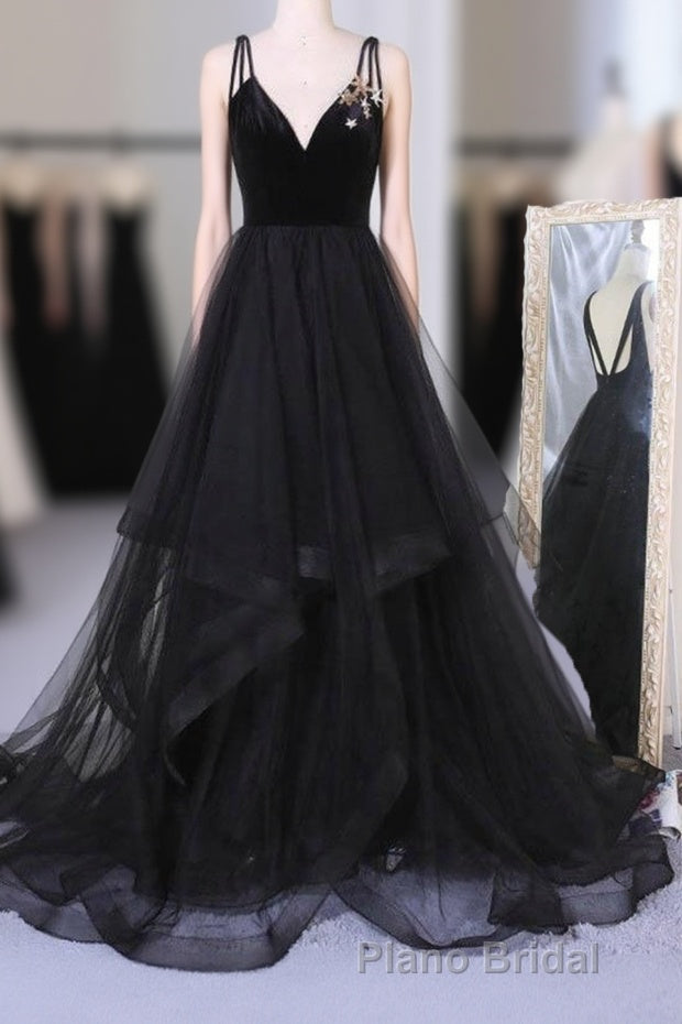 A Line V Neck Tulle Black Ball Gown, Black Formal Prom, Black Formal