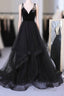 A Line V Neck Tulle Black Ball Gown, Black Formal Prom, Black Formal