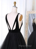 A Line V Neck Tulle Black Ball Gown, Black Formal Prom, Black Formal