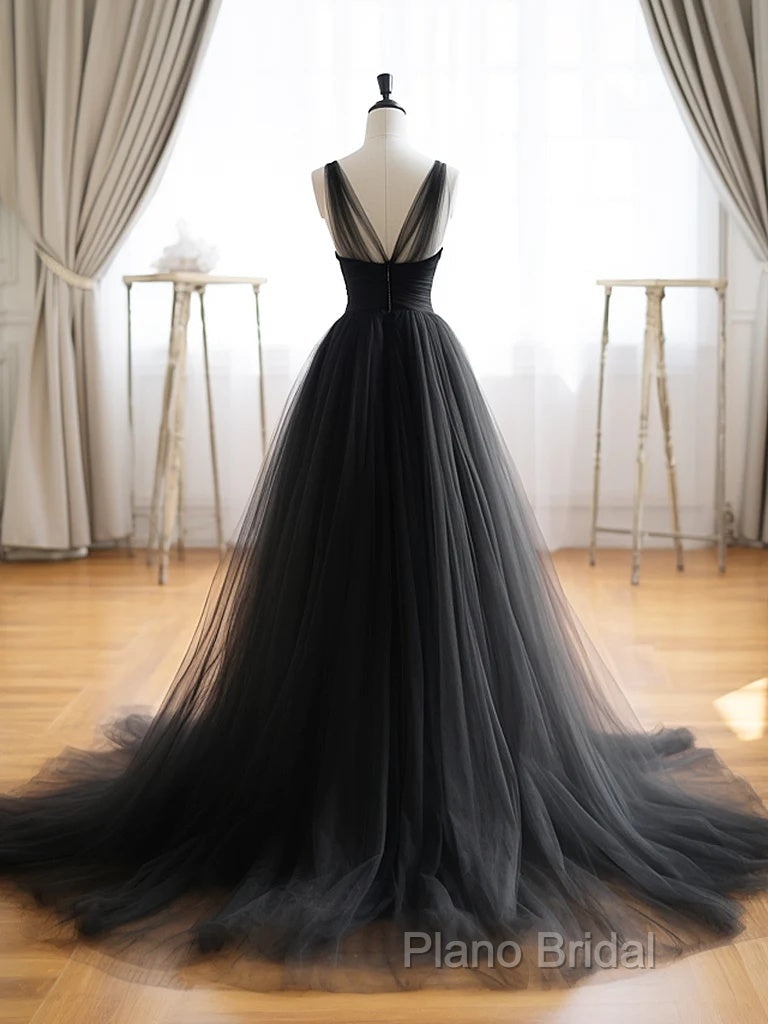 A-Line V Neck Tulle Black Long Formal Prom Dresses Secondary image