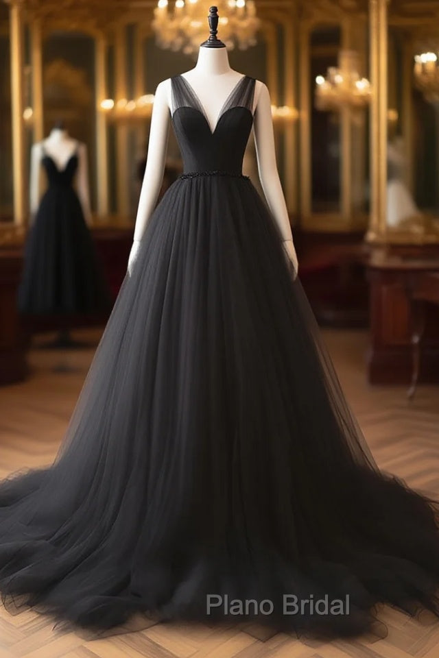 A-Line V Neck Tulle Black Long Formal Prom Dresses, Black Long Formal Dresses Main image