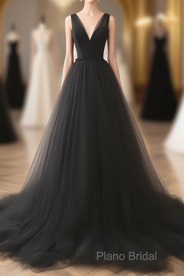 A-Line V Neck Tulle Black Long Formal Prom Dresses