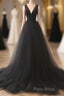 A-Line V Neck Tulle Black Long Formal Prom Dresses