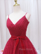 A-Line V Neck Tulle Burgundy Long Formal Prom Dresses, Burgundy Formal Dresses