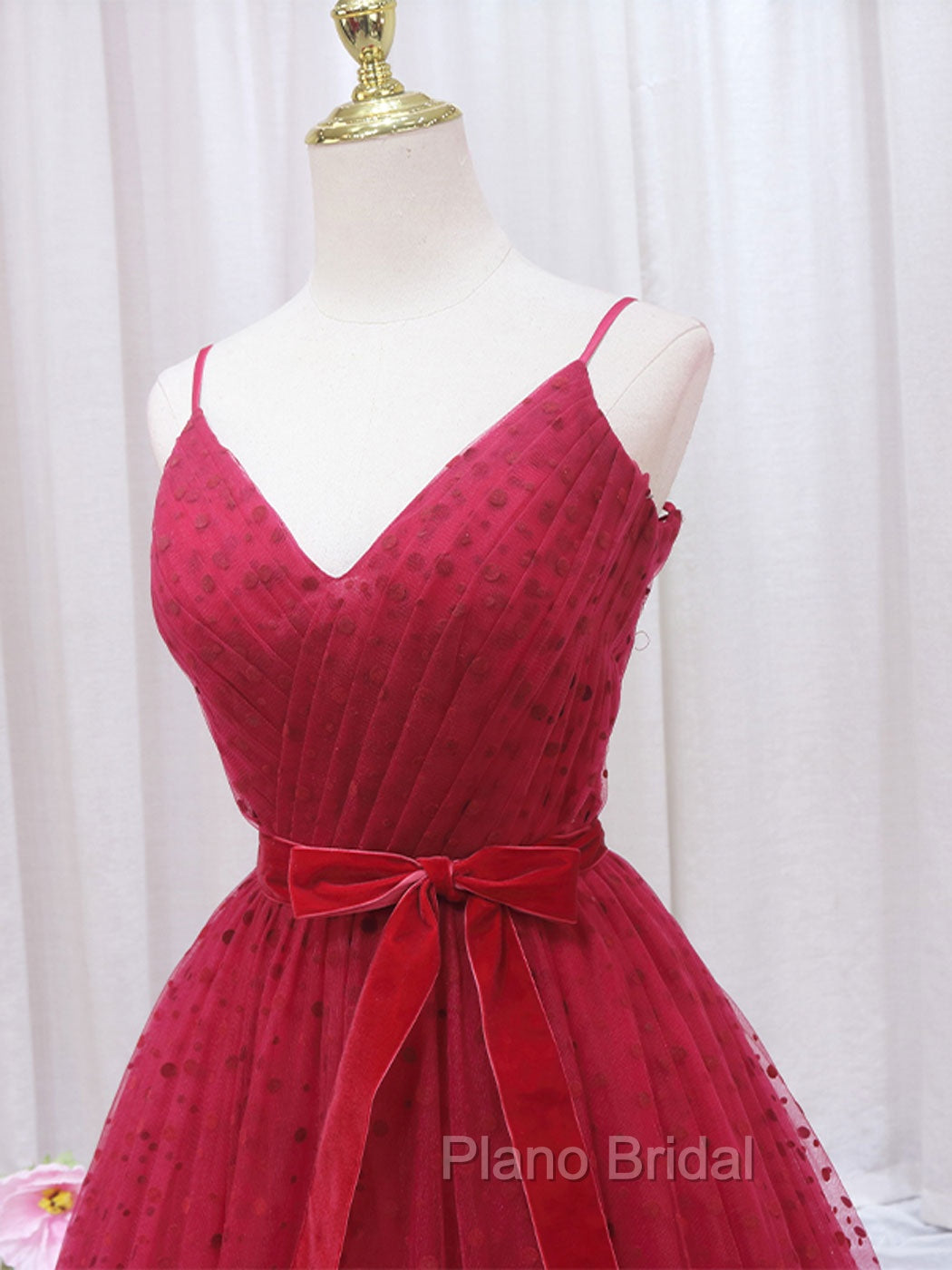 A-Line V Neck Tulle Burgundy Long Formal Prom Dresses, Burgundy Formal Dresses Secondary image