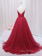 A-Line V Neck Tulle Burgundy Long Formal Prom Dresses, Burgundy Formal Dresses
