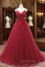 A-Line V Neck Tulle Burgundy Long Formal Prom Dresses, Burgundy Formal Dresses