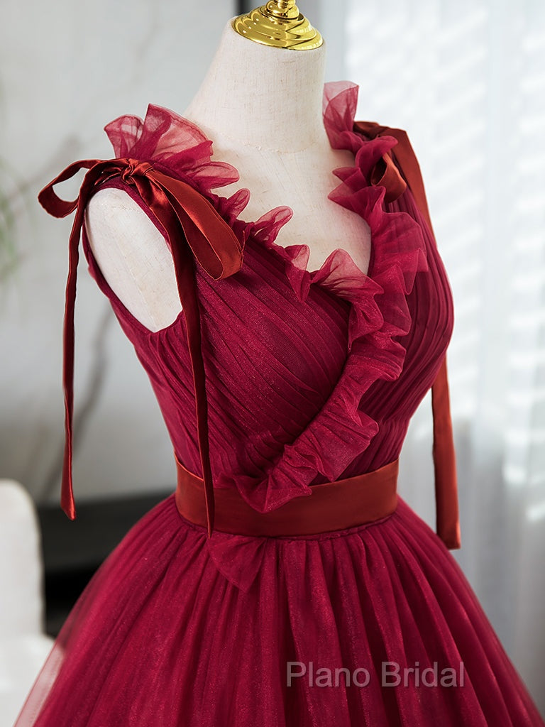 A-Line V Neck Tulle Burgundy Long Formal Prom Dresses, Burgundy Long Formal Dresses Secondary image
