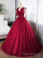 A-Line V Neck Tulle Burgundy Long Formal Prom Dresses, Burgundy Long Formal Dresses