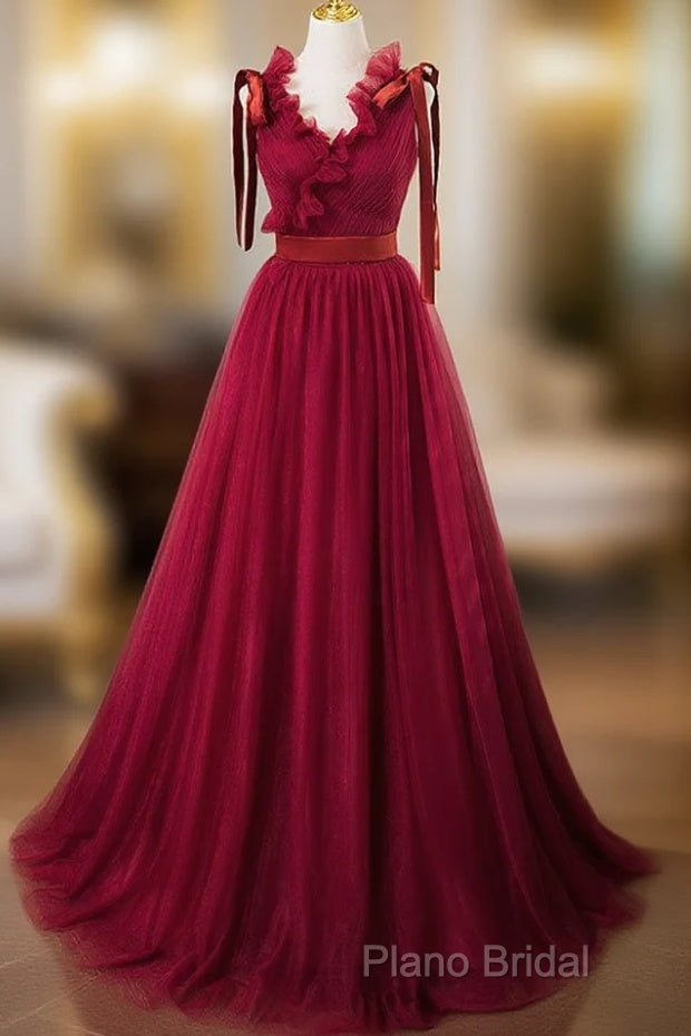 A-Line V Neck Tulle Burgundy Long Formal Prom Dresses, Burgundy Long Formal Dresses Main image