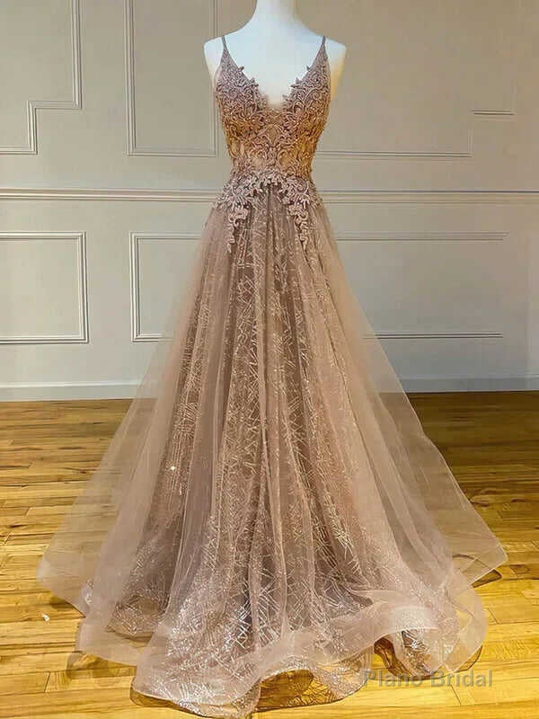 modest tulle v-neck a-line long lace prom dress formal evening gowns Main image