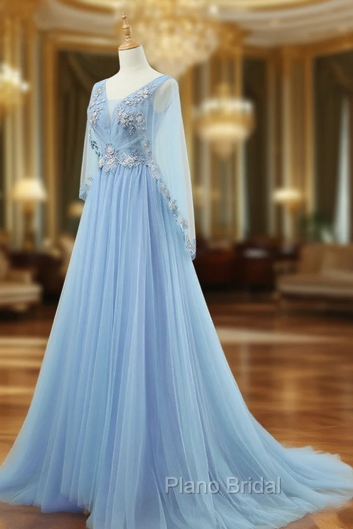 A-Line V Neck  Tulle Lace Blue Long Formal Prom Dresses, Blue Formal Evening Dresses