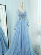 A-Line V Neck  Tulle Lace Blue Long Formal Prom Dresses, Blue Formal Evening Dresses