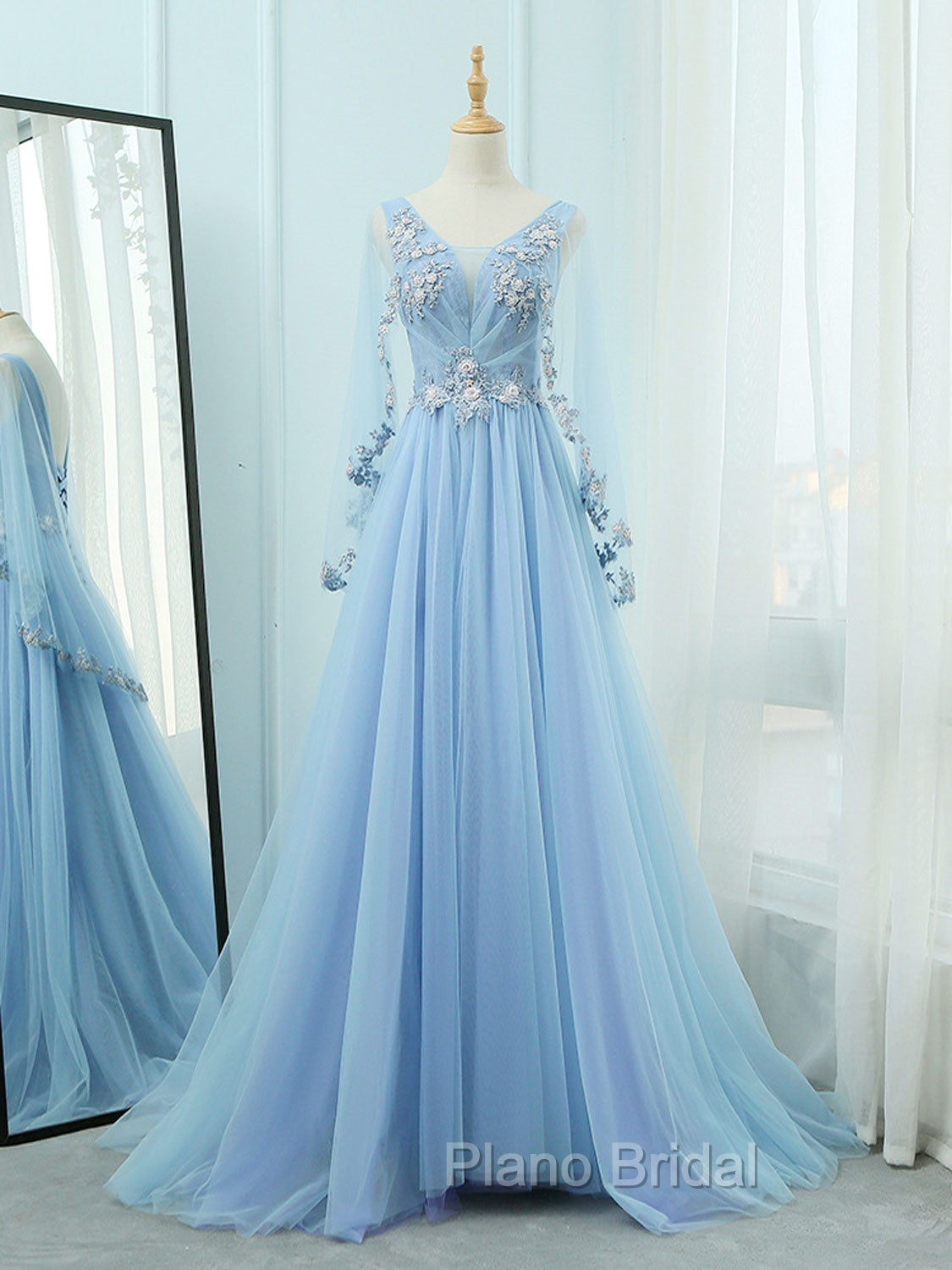 A-Line V Neck  Tulle Lace Blue Long Formal Prom Dresses, Blue Formal Evening Dresses