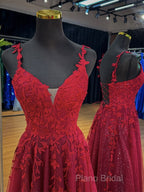 A-Line V Neck Tulle Lace Burgundy Long Formal Prom Dresses, Burgundy Long Formal Dresses