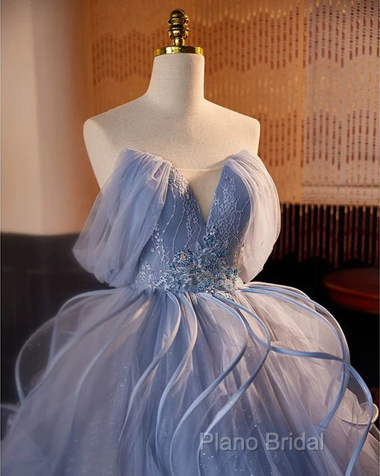 A-Line V Neck Tulle Lace Gray Blue Long Formal Prom Dresses, Blue Long Sweet 16 Dresses