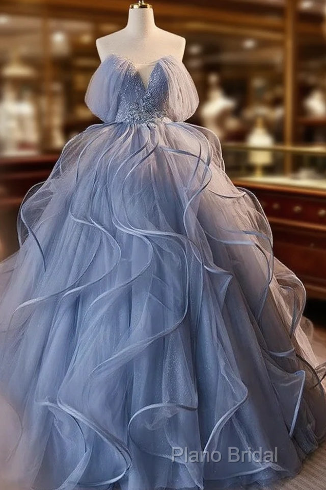 A-Line V Neck Tulle Lace Gray Blue Long Formal Prom Dresses, Blue Long Sweet 16 Dresses Main image