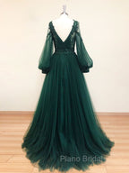 A-Line V Neck Tulle Lace Green Long Formal Prom Dresses, Green Formal Evening Dresses