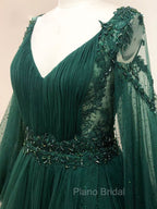 A-Line V Neck Tulle Lace Green Long Formal Prom Dresses, Green Formal Evening Dresses