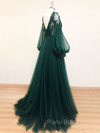 A-Line V Neck Tulle Lace Green Long Formal Prom Dresses, Green Formal Evening Dresses