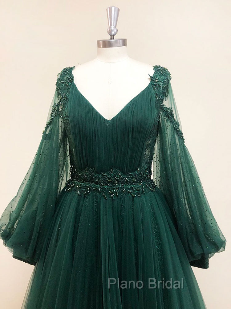 A-Line V Neck Tulle Lace Green Long Formal Prom Dresses, Green Formal Evening Dresses