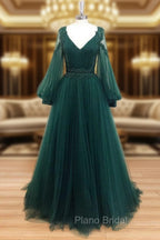 A-Line V Neck Tulle Lace Green Long Formal Prom Dresses, Green Formal Evening Dresses