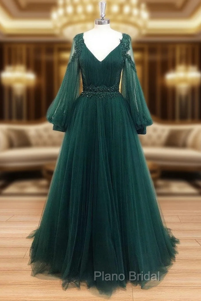 A-Line V Neck Tulle Lace Green Long Formal Prom Dresses, Green Formal Evening Dresses