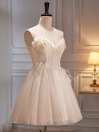 A-Line V Neck Tulle Light Champagne Short Formal Prom Dresses, Champagne Homecoming Dresses