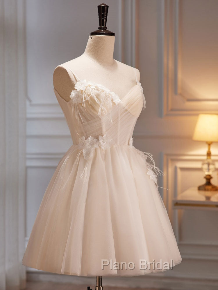 A-Line V Neck Tulle Light Champagne Short Formal Prom Dresses, Champagne Homecoming Dresses Secondary image