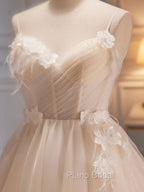 A-Line V Neck Tulle Light Champagne Short Formal Prom Dresses, Champagne Homecoming Dresses