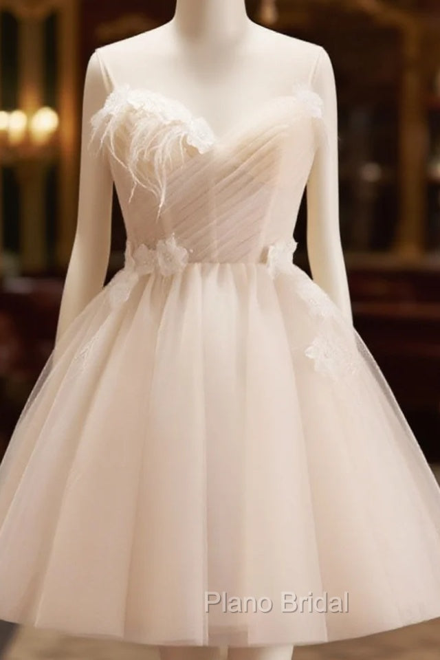 A-Line V Neck Tulle Light Champagne Short Formal Prom Dresses, Champagne Homecoming Dresses Main image