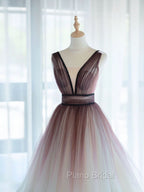 A-Line V Neck Tulle Long Brown Formal Prom Dresses, Tulle Long Evening Dresses