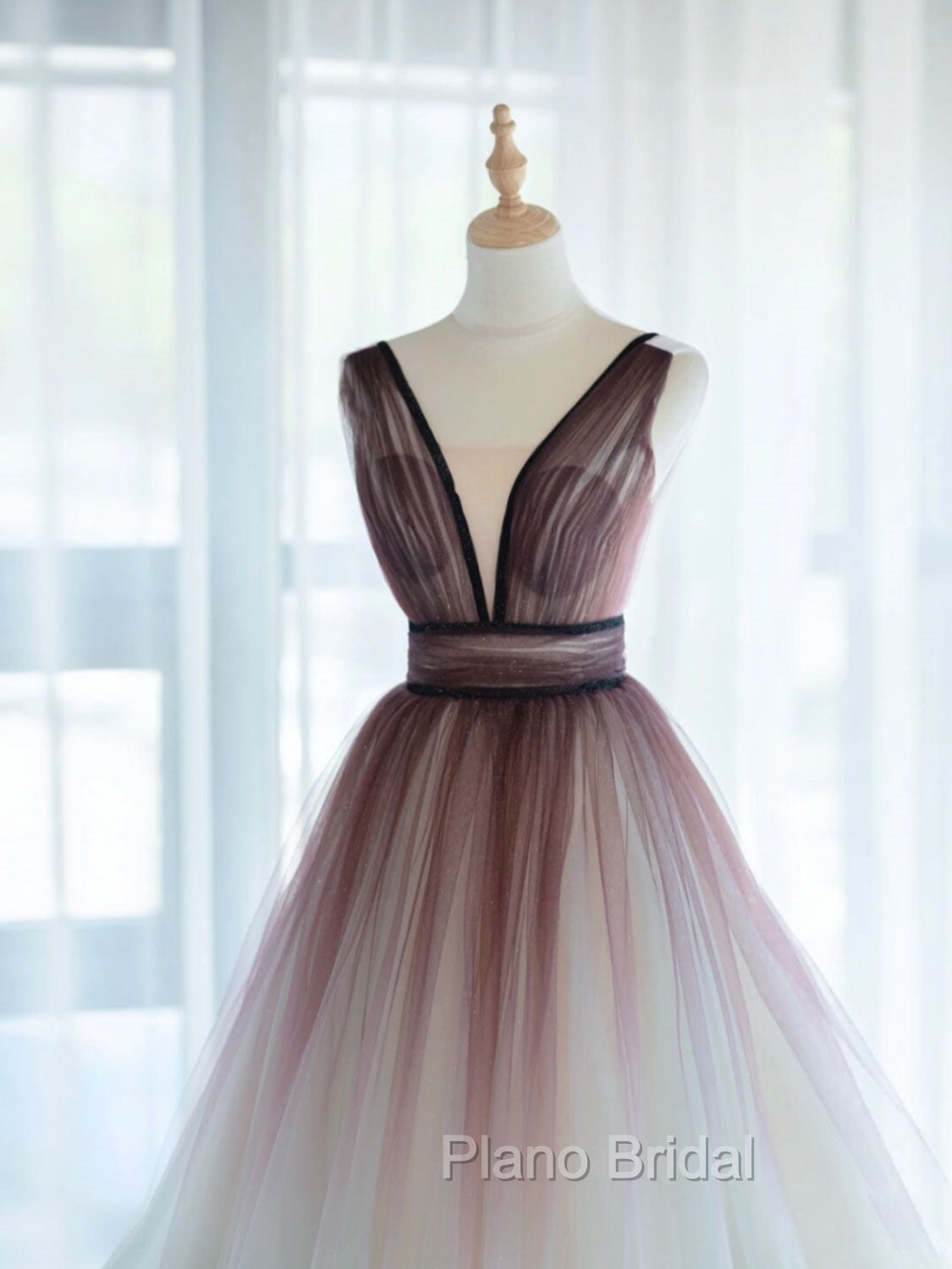 A-Line V Neck Tulle Long Brown Formal Prom Dresses, Tulle Long Evening Dresses