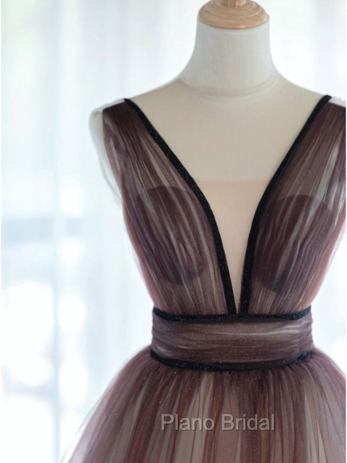A-Line V Neck Tulle Long Brown Formal Prom Dresses, Tulle Long Evening Dresses