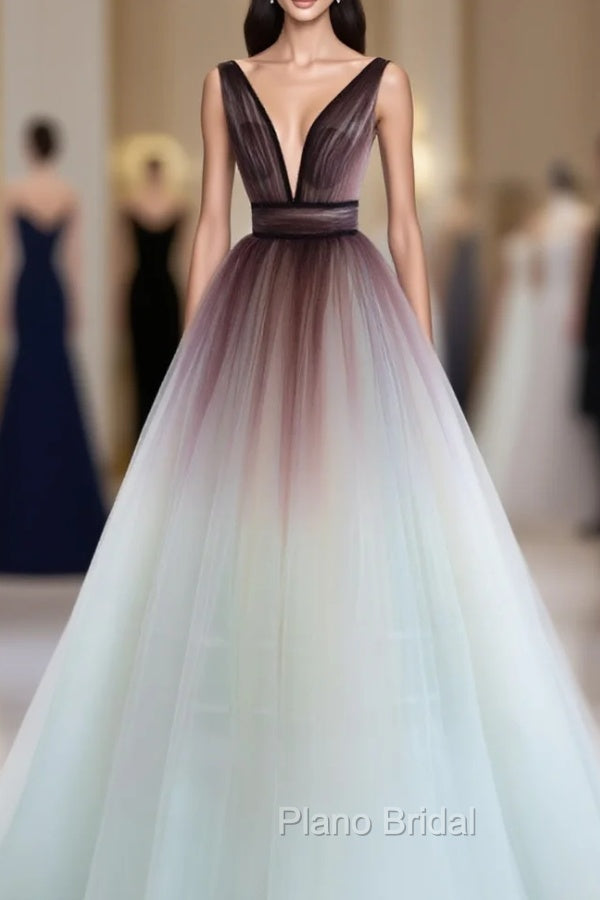 A-Line V Neck Tulle Long Brown Formal Prom Dresses, Tulle Long Evening Dresses