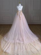 A-Line V Neck Tulle Pink Long Formal Prom Dresses, Pink Tulle Long Formal Dresses
