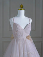 A-Line V Neck Tulle Pink Long Formal Prom Dresses, Pink Tulle Long Formal Dresses