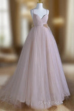 A-Line V Neck Tulle Pink Long Formal Prom Dresses, Pink Tulle Long Formal Dresses