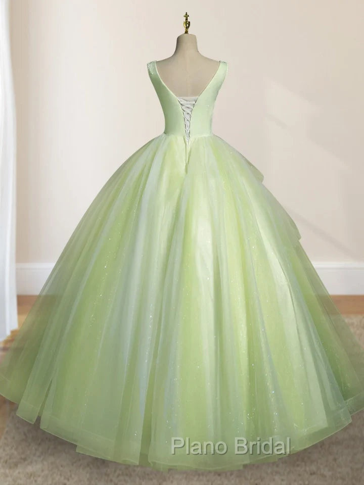 A-Line V Neck Tulle Sage Green Long Formal Prom Quinceanera Dresses