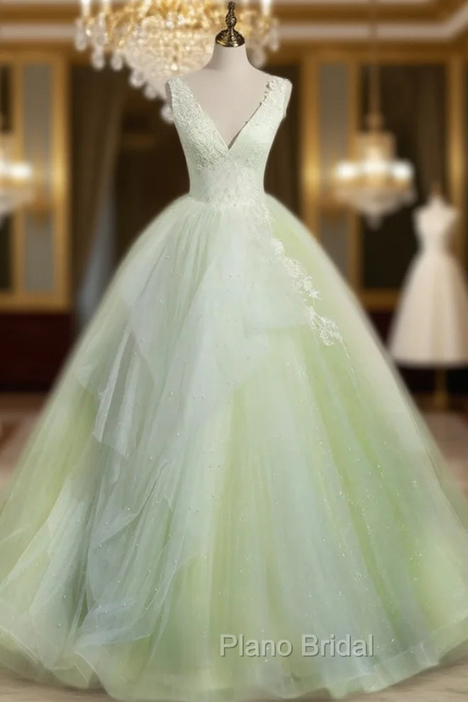 A-Line V Neck Tulle Sage Green Long Formal Prom Quinceanera Dresses Main image