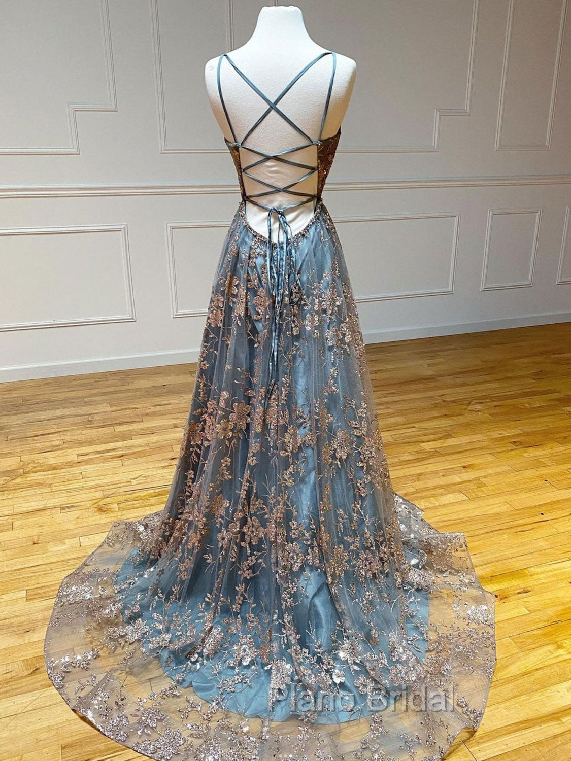 A-Line  V Neck Tulle Sequin Long Formal Prom Dresses, Backless Long Evening Dresses