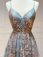 A-Line  V Neck Tulle Sequin Long Formal Prom Dresses, Backless Long Evening Dresses