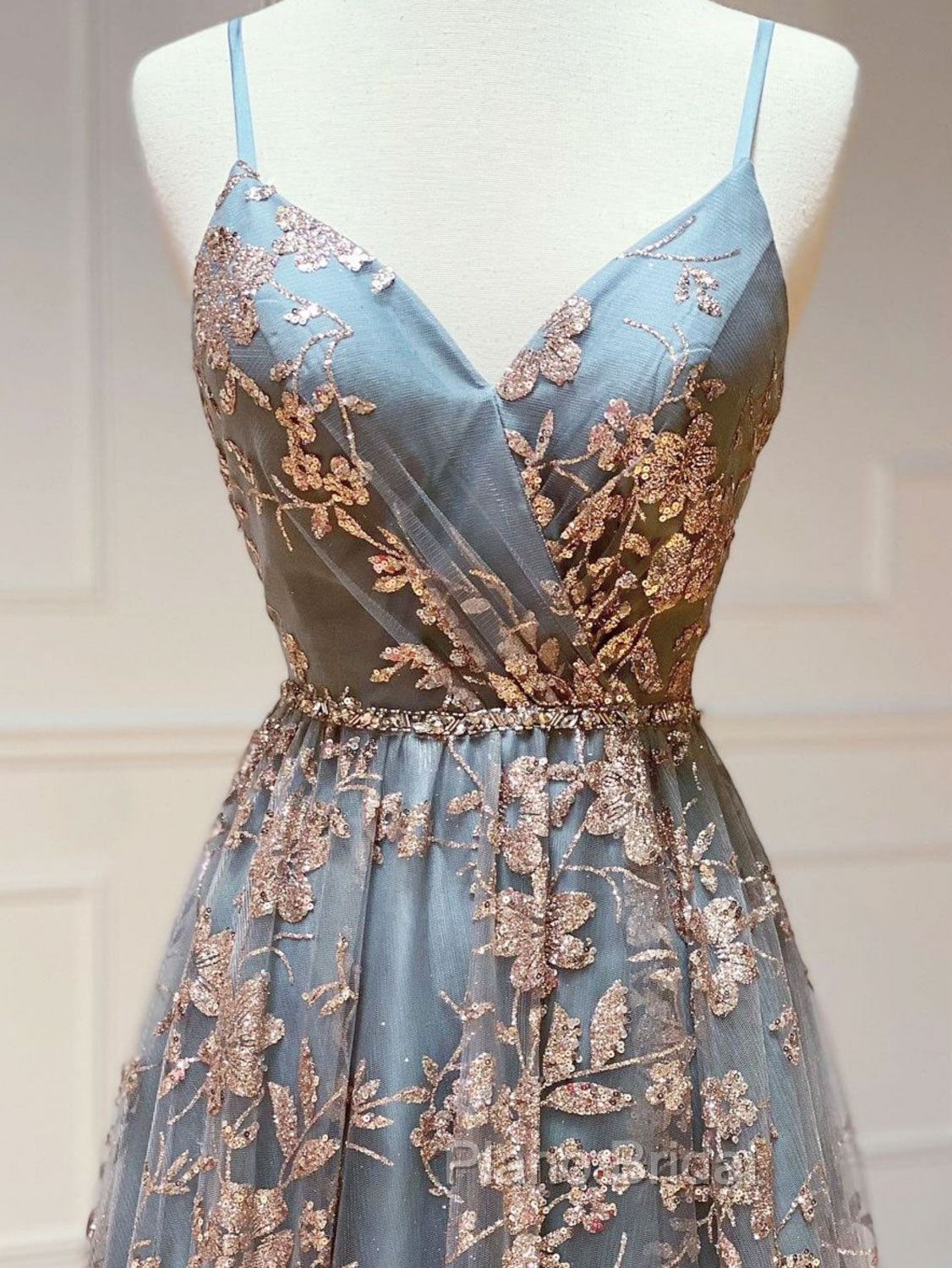 A-Line  V Neck Tulle Sequin Long Formal Prom Dresses, Backless Long Evening Dresses