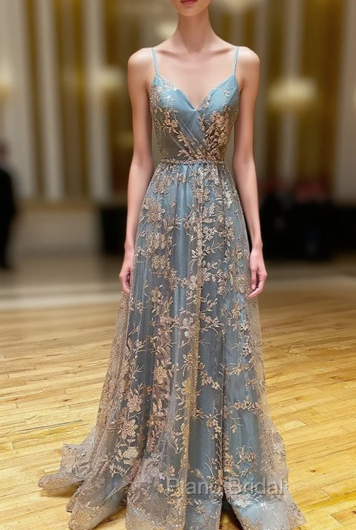 A-Line  V Neck Tulle Sequin Long Formal Prom Dresses, Backless Long Evening Dresses Main image