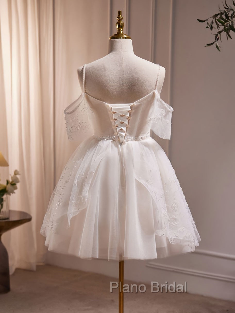 A-Line V Neck Tulle Short Beige Formal Prom Dresses, Cute Beige Homecoming Dresses Secondary image