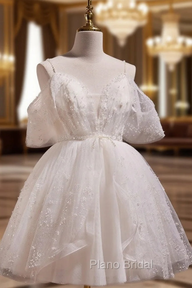 A-Line V Neck Tulle Short Beige Formal Prom Dresses, Cute Beige Homecoming Dresses Main image