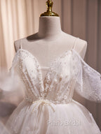 A-Line V Neck Tulle Short Beige Formal Prom Dresses, Cute Beige Homecoming Dresses